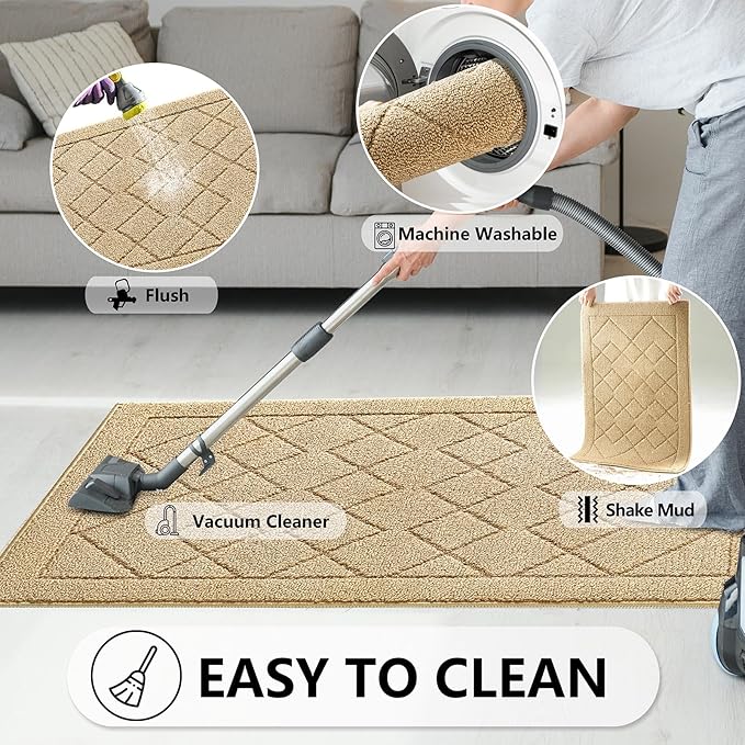 REFETONE Indoor Doormat, Front Back Door Mat 24"x36" Rubber Backing Non Slip Mats, Absorbent Washable Entrance Doormat for Entryway, Resist Dirt Low-Profile Inside Floor Mat for Muddy Shoes, Beige