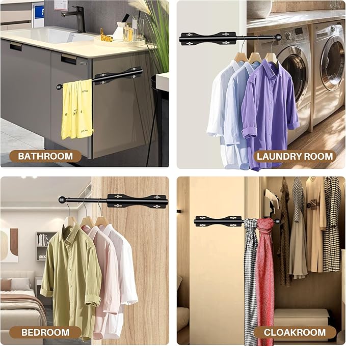 12" Valet Rod For Closet Pull Out Slide Out Adjustable Heavy Duty Valet Rod For Closet, Laundry Room, Bedroom, Bathroom(Black)
