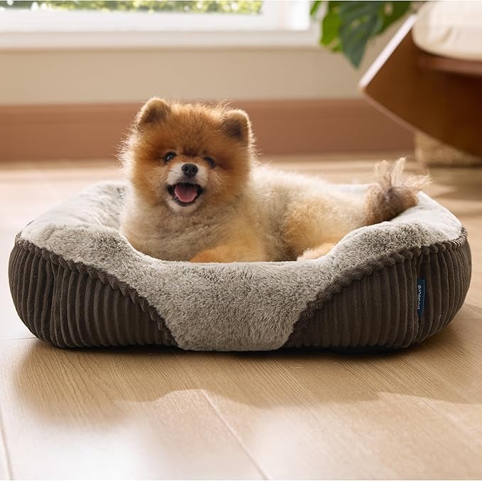 Bedsure Washable Dog Bed Small Dog&Cat- Rectangle Fluffy Plush Kitten Puppy Bed, Comfy Corduroy Fleece and Nonskid Bottom,20x19x6inches,Suitable for Pet Up to 15lbs,Brown