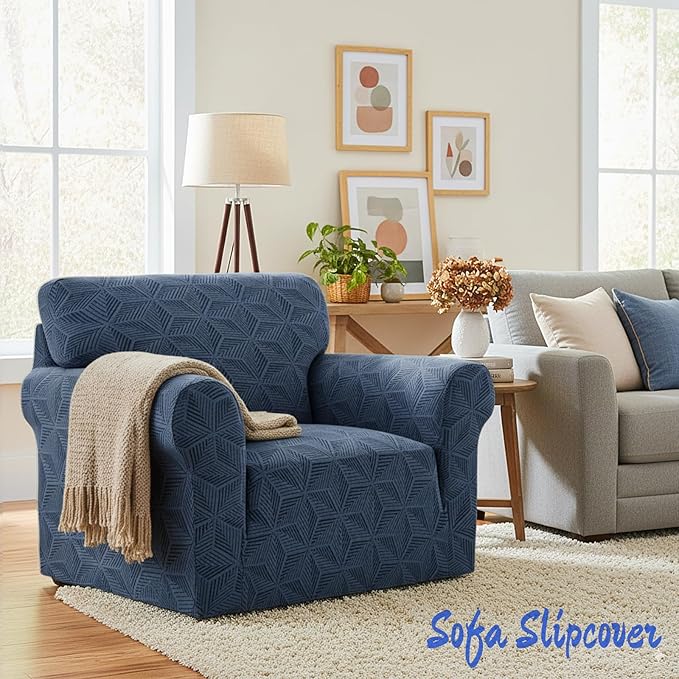 YEMYHOM 1 Piece Stretch Chair Sofa Slipcovers Couch Covers for 1 Seat, Jacquard Armchair Covers with Non-Slip Elastic Bottom, Thickened Furniture Protector for Dogs Pets kids (Small, Navy)