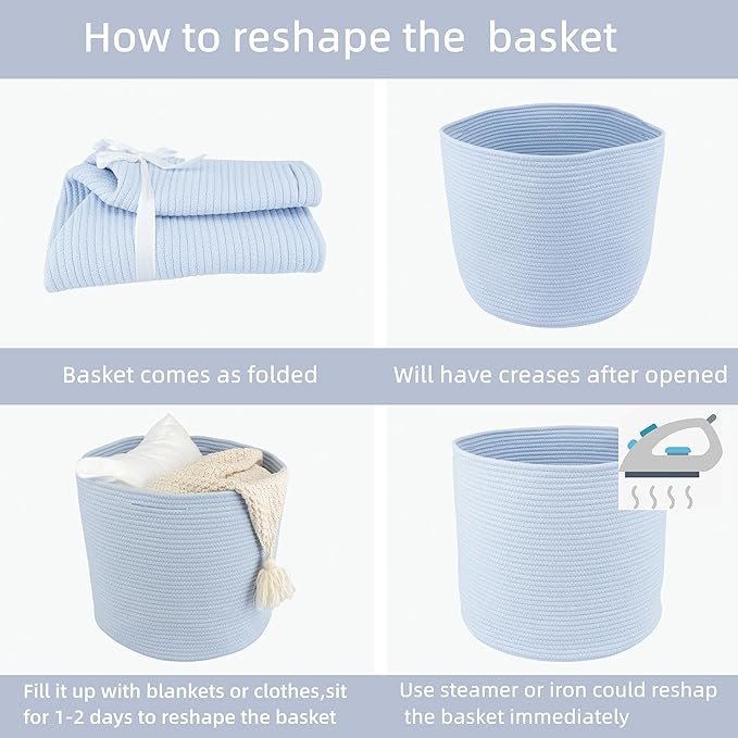 XUANGUO Cotton Rope Basket For Girls Boys Kids 16”X14” Baby Laundry Baskets Nursery Bin Round Woven Basket For Storage Toys Blankets Shoes Clothes blue