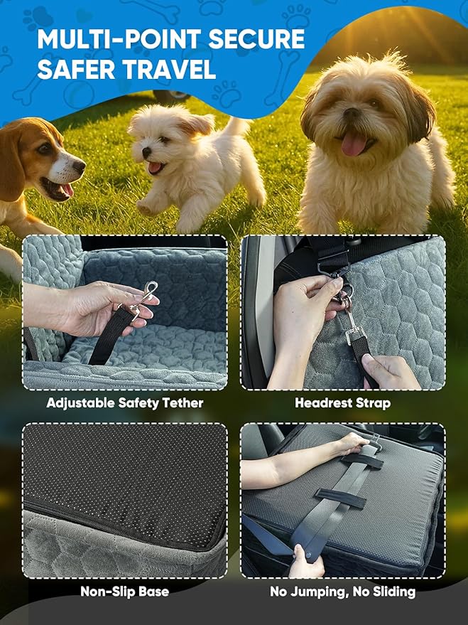 Dog Car Seat for Small/Medium Pets, Adjustable Booster Seat with Safety Leash, Washable Cover & Storage Pockets (Up to 35 lbs, Gray)