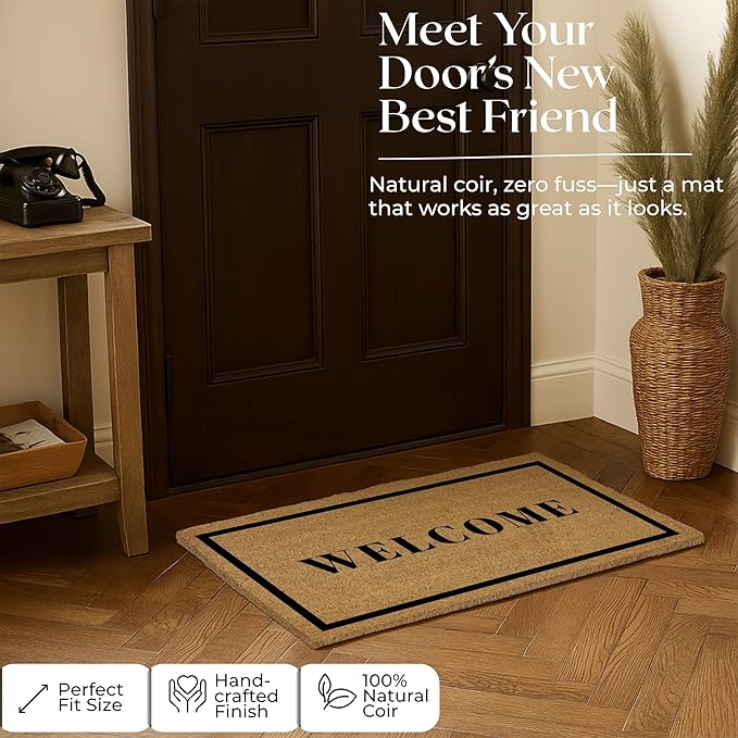 COCONIQ Coir Door Mats 17" X 30", Non-Slip Sturdy, PVC Backed Heavy Duty, Easy to Clean, Ideal for Door Entrance, Patio, Porch, Backyard, Garages, Welcome with Border