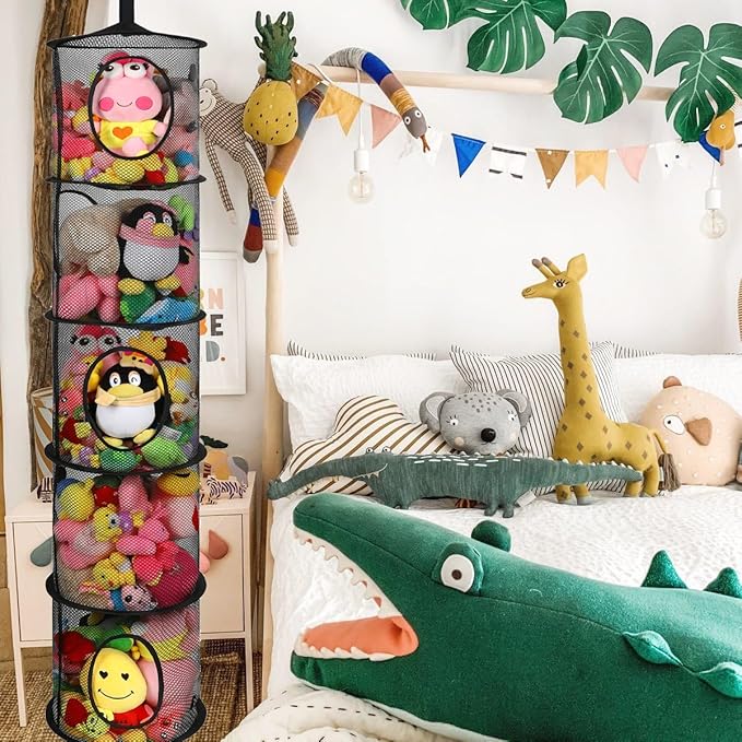 Hanging Net for Stuffed Animals, Foldable Storage Organizer 5 Compartments Toy Storage Organizer for Kid Room Toys, Gloves,Hats,Socks Storage(Black)