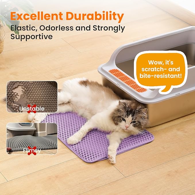 Small Cat Litter Mat, 20x14 Inches Double Layer Honeycomb Cat Litter Trapping Mat, Non Slip Waterproof Urine Proof Litter Box Mat for Floor, Kitty Litter Rug, Pet Supplies, Purple