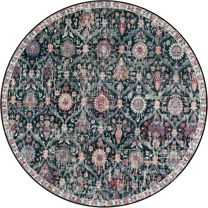 Lahome Moroccan Trellis Washable Round Area Rug, Soft Round Rugs 6ft Ultra-Thin Non-Slip, Vintage Large Circle Carpet for Bedroom Living Room Kitchen Nursery Elise, Black/Multi