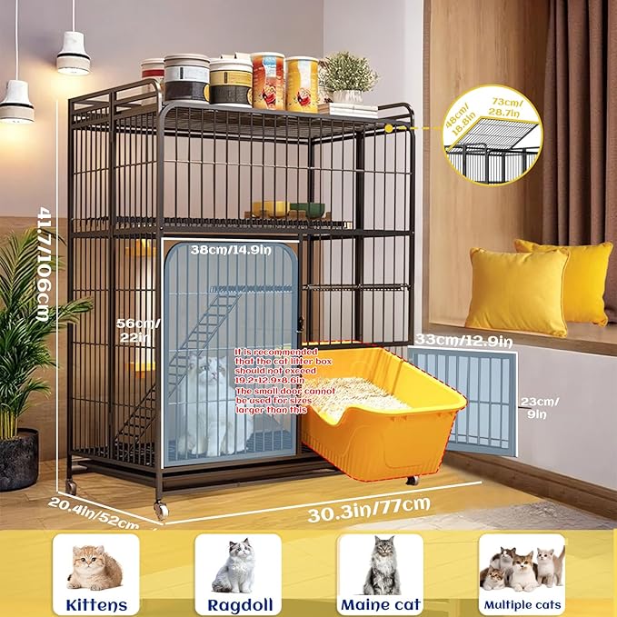 Collapsibles Cat Cages Indoor,Portable Cats Enclosures 2/3/4-Tier,Heavy-Duty Cat Playpens with Universal Wheels,Large Metal Animal cage Pet Crate No Assemblys Required (Black, 3-Tier (No Litter Box))
