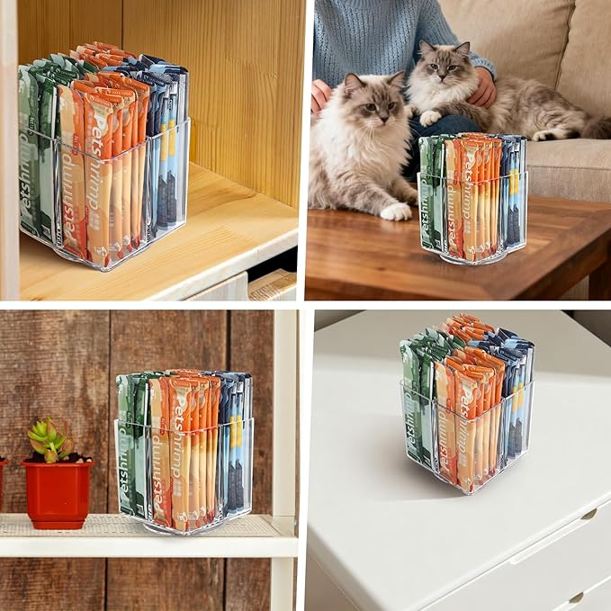 Lickable Cat Treats Organizer, Lazy susan Acrylic Squeeze Up Cat Food Storage Container, Essential storage for pet treats, Wet Cat Treats Storage for Kitchen Cabinet Pantry Shelf Countertop(Square)