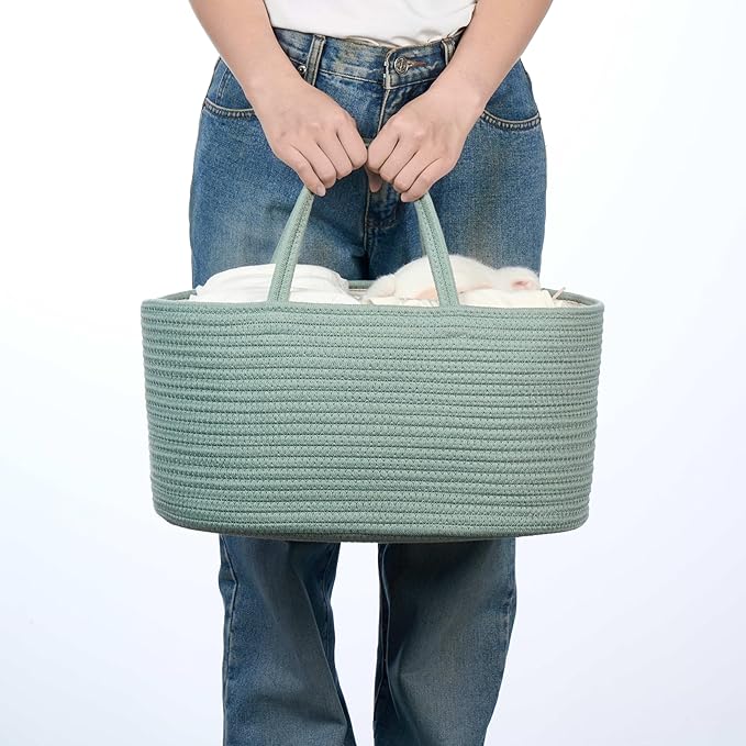 Diaper Caddy Organizer, Empty Gift Basket for Newborn Essentials, Baby Storage Basket, Stylish Gift Bag for Baby Shower, Boys and Girls - Large, Sage Green