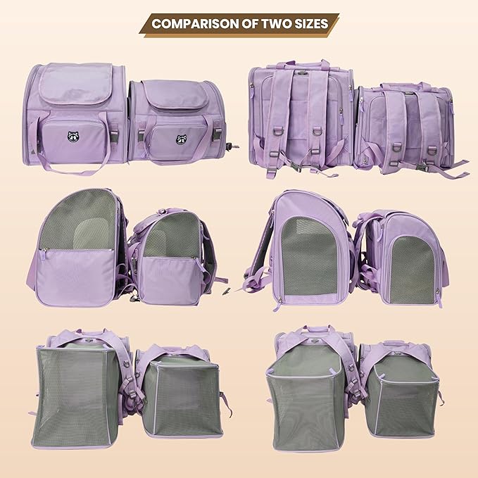 Lollimeow Expandable Cat Carrier Backpack for Large Cats - Airline Approved Pet Carrier Backpack for Small Dogs, Hiking & Travel, Waterproof with Breathable Mesh, 22lbs Capacity (Lavender, Large)