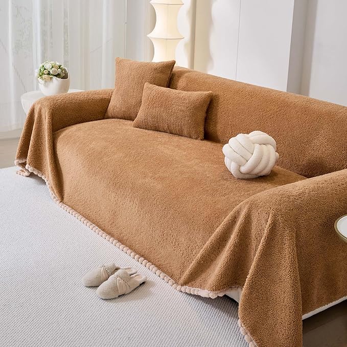 Sherpa Fleece Oversized Couch Cover for 3-4 Cushion Sofa, Brown 71" x 150" - Pet Proof Sofa Covers Heavy Duty Scratch Resistant Pet Friendly Furniture Cover - Easy Install, Machine Washable