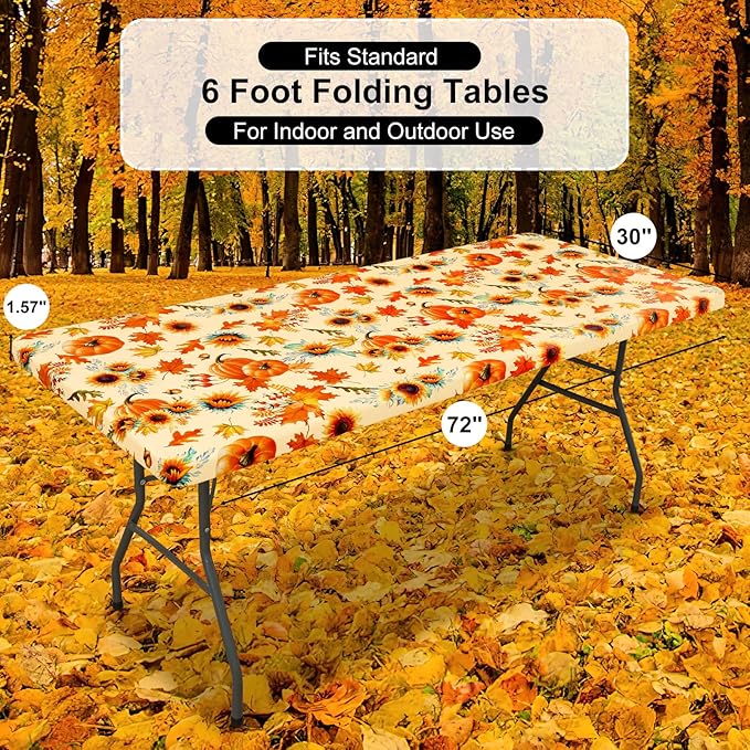 misaya Rectangle Vinyl Tablecloth, Fitted Table Cover, 100% Waterproof, Elastic Edge, Flannel Backing, Plastic Table Cloth Fit 6 Foot Folding Tables for Fall, Thanksgiving (Pumpkin Orange, 30x72 inch)