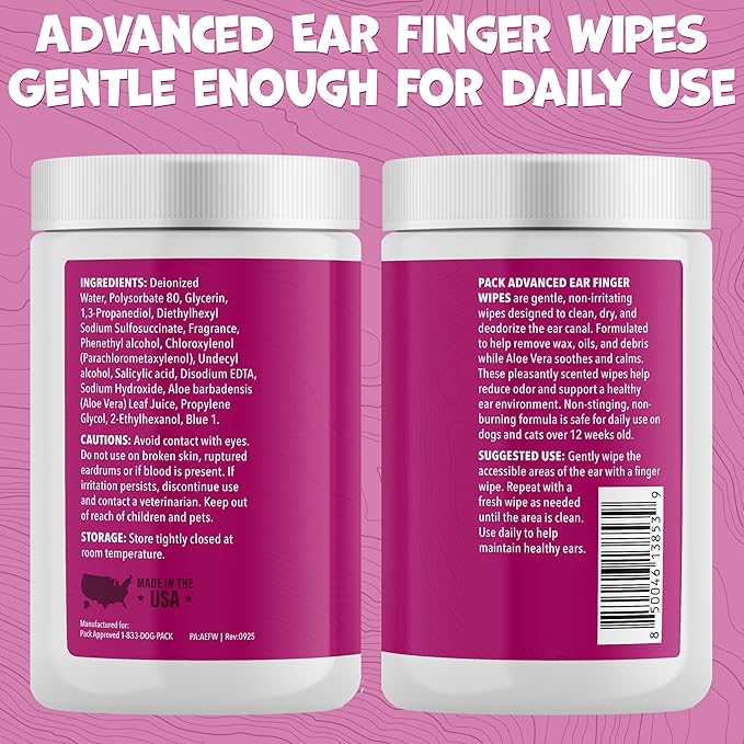 Advanced Pet Ear Finger Wipes for Dogs & Cats - Non-Irritating Pet Finger Wipes, Ear Cleaner for Dogs & Cats - Helps Reduce Wax Buildup, Debris, and Odor with Cucumber Melon Scent - 50ct