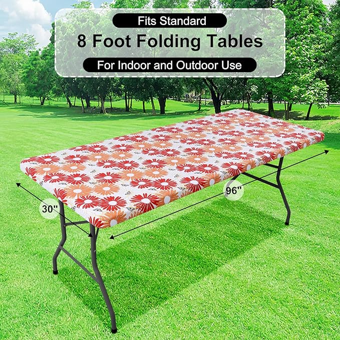 misaya Rectangle Vinyl Tablecloth, Fitted Table Cover, 100% Waterproof, Elastic Edge, Flannel Backing, Table Cloth Fit 8 Foot Folding Tables for Picnic, Outdoor (Red Daisy, 30x96 inch)