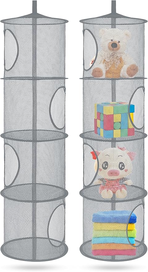 coastal rose 2Pcs Stuffed Animal Storage Foldable Stuffed Animal Net or Hammock Organizer, 4 Compartments Hanging Mesh Toy Storage Hammock for Kid Room Toys, Gloves, Hats, Socks(Grey)