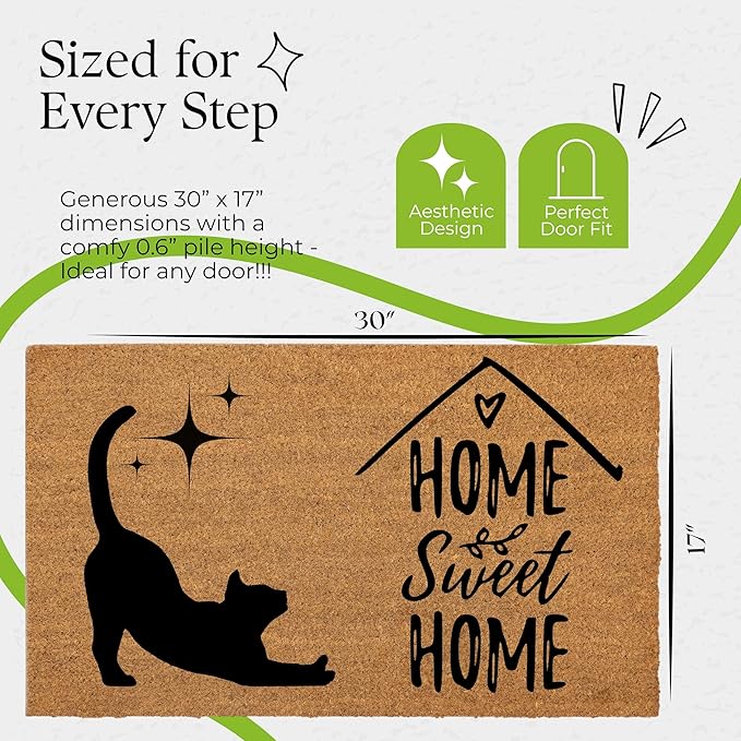 COCONIQ Coir Door Mats 17" X 30", Non-Slip Sturdy, PVC Backed Heavy Duty, Easy to Clean, Ideal for Door Entrance, Patio, Porch, Backyard, Garages, Home Sweet Home, with Cats