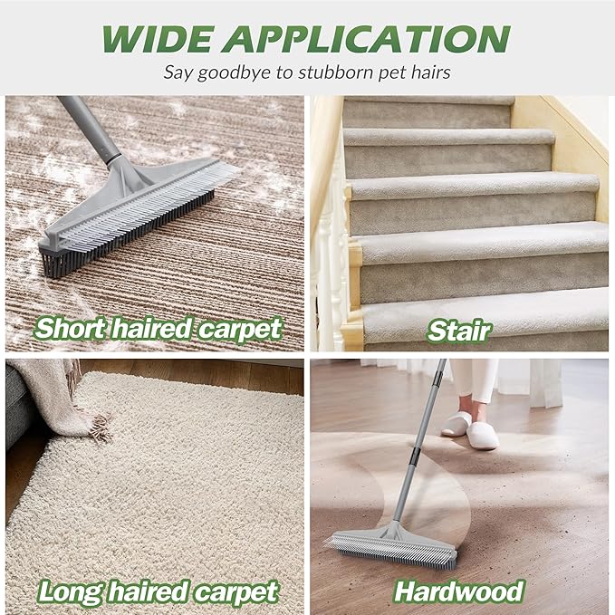 Walensee Rubber Broom, 2 in 1 Rubber Broom and Nylon Carpet Rake Brush for Pet Hair Removal, 61" Adjustable Long Handle, Carpet Hair Cleaning Tool for Fur Rug, Stairs and Mats - Washable, Durable