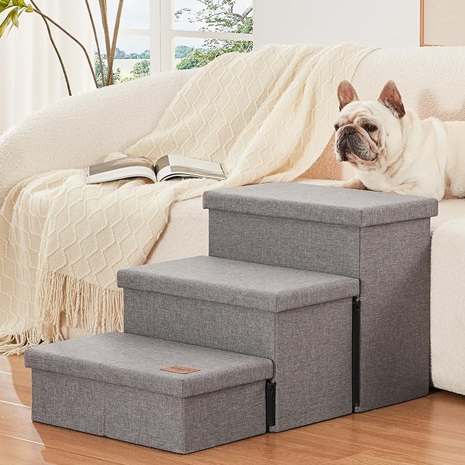 Love's cabin Dog Stairs for High Bed 18"H,Foldable Pet Stairs for Small Medium or Large Dogs Puppy with Storage for Bed or Couch, Cat Dog Steps Ramp with Zip up to 200 lbs(Solid Grey,3 Steps no Condo)