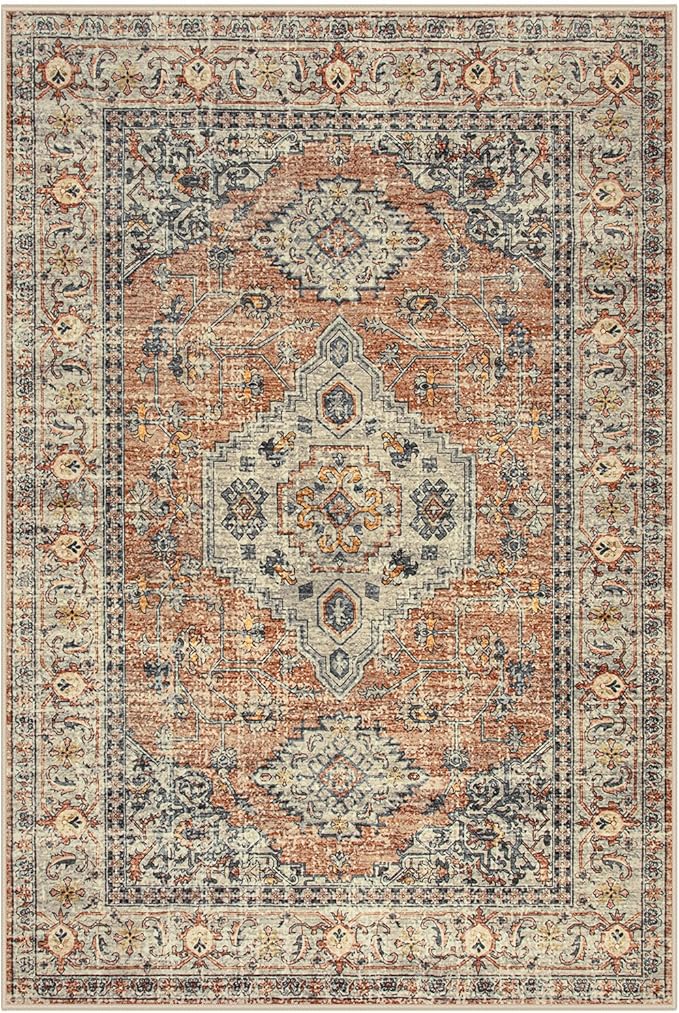 Lahome Oriental 2x3 Washable Rugs for Entryway, Soft Door Mat Indoor Entrance Small Kitchen Rugs Non Slip Ultra-Thin, Vintage Carpet for Bedroom Bathroom Eleanor, Peach/Orange