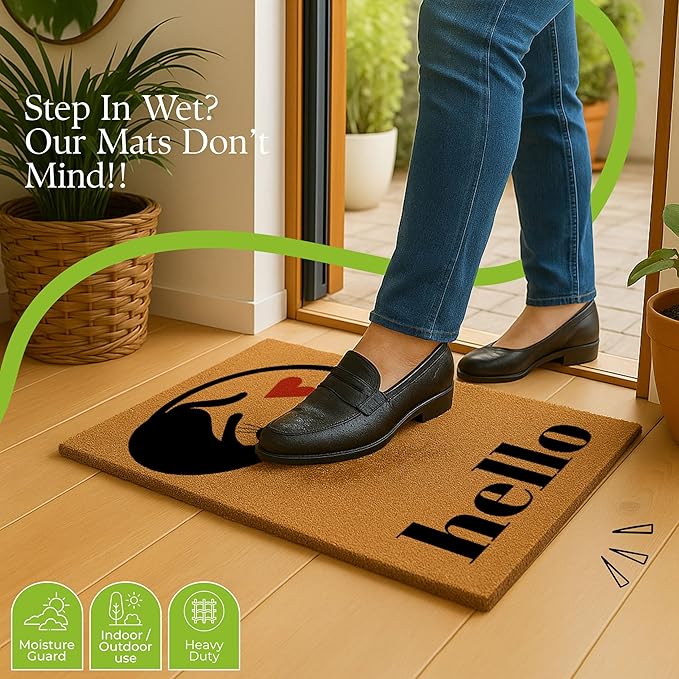 COCONIQ Coir Door Mats 17" X 30", Non-Slip Sturdy, PVC Backed Heavy Duty, Easy to Clean, Ideal for Door Entrance, Patio, Porch, Backyard, Garages, Love of Cats, A Hello