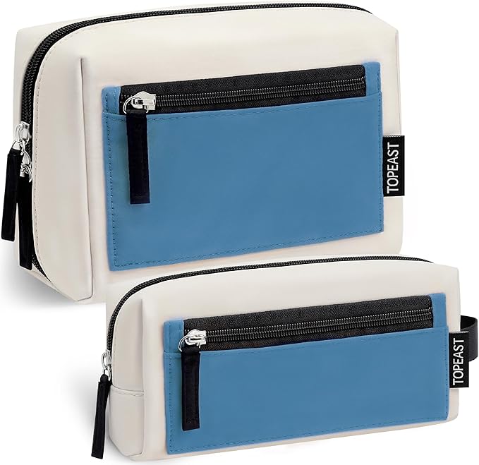 TOPEAST Makeup Bag, 2Pcs Travel Cosmetic Bag for Women, Portable Toiletry Pouch Set, Open-Wide Waterproof Make Up Purse Organizer, Beige Blue