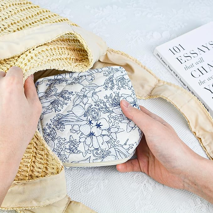 Small Floral Quilted Makeup Bag, Coquette Aesthetic Travel Toiletry Organizer for Women, Lightweight Cotton Cosmetic Pouch