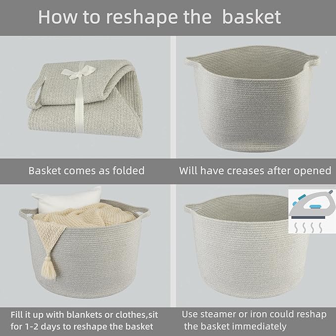 XUANGUO Extra Large Cotton Rope Basket – 22"x14" Woven Storage Baskets for Blankets, Toys, Laundry, and Nursery – Round Basket for Living Room, Kids, and Pets Grey