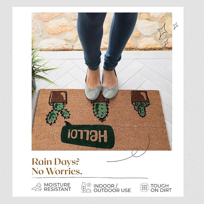 COCONIQ Coir Door Mats 17" X 30", Non-Slip Sturdy, PVC Backed Heavy Duty, Easy to Clean, Ideal for Door Entrance, Patio, Porch, Backyard, Garages, Hello Cactus