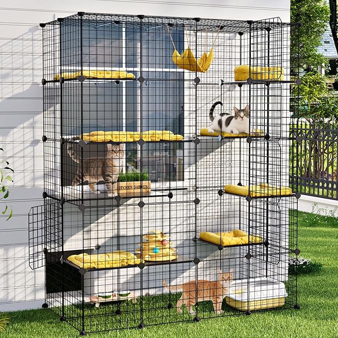 Oneluck Large Outdoor Cat House Catio Enclosure, DIY Cage Kennels Crate Spacious Exercise Place Ideal for 1-6 Cats, 55.1" L x 28.7" W x 69.8" H Balcony Playpen with 16 Platforms Super Large Door