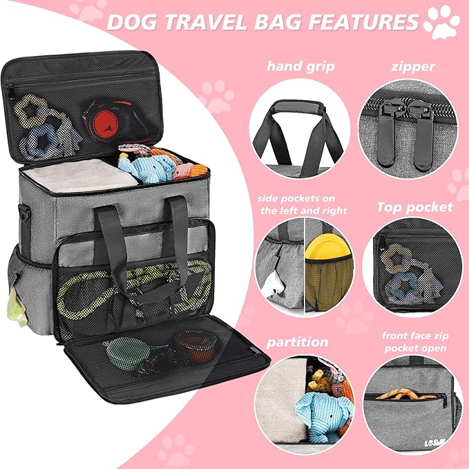 5 Set Dog Travel Bag for Supplies, Dog Lovers, Large Pet Travel Kit Includes 2 Food Containers&2 Collapsible Bowls、Placemats,Grey