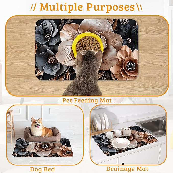 Black Brown Flower Feeding Mat,Artistic Absorbent Quick-Dry Cat Dog Food and Water Bowl Mats,Non-Slip Rubber Backing Mat,Cat Dog Accessories Supplies 12" x 20"