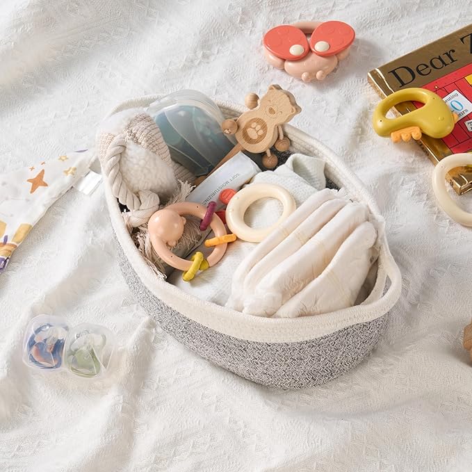 Small Woven Gift Basket Empty with Bag & Ribbon - Gifts for Mom, Baby Shower, Birthdays & Raffle - Cotton Rope Storage Basket for Dog Toys or Shelf - 12"x8"x5", White & Gray