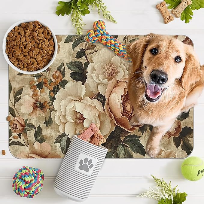 Roses Peonies Pet Feeding Mat,Vintage Luxury Shabby Chic Flower Absorbent Quick-Dry Cat Dog Food and Water Bowl Mats,Non-Slip Rubber Backing Mat,Cat Dog Accessories Supplies 12"x20"
