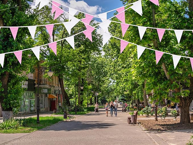 100 Feet Pink & White Pennant Banner Flags String Hanging Pink & White DIY Triangle Bunting Flags,Party Decorations for Grand Opening,Party Events Celebration,Kids Birthday,60 Pcs