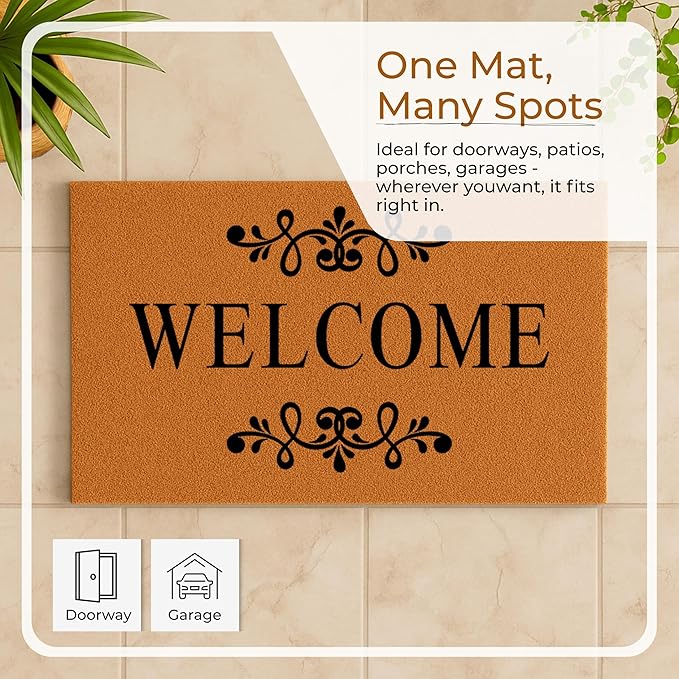 COCONIQ Coir Door Mats 17" X 30", Non-Slip Sturdy, PVC Backed Heavy Duty, Easy to Clean, Ideal for Door Entrance, Patio, Porch, Backyard, Garages, Welcome Floral Border