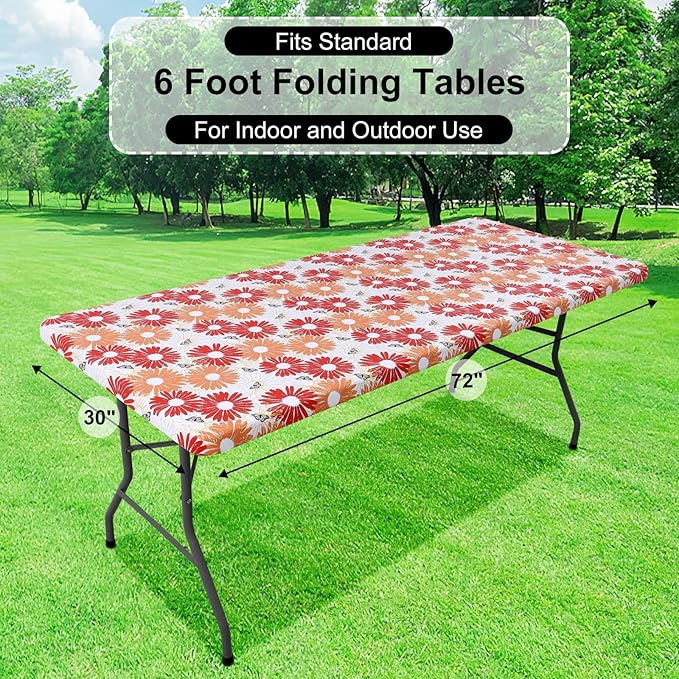 misaya Rectangle Vinyl Tablecloth, Fitted Table Cover, 100% Waterproof, Elastic Edge, Flannel Backing, Table Cloth Fit 6 Foot Folding Tables for Picnic, Outdoor (Red Daisy, 30x72 inch)