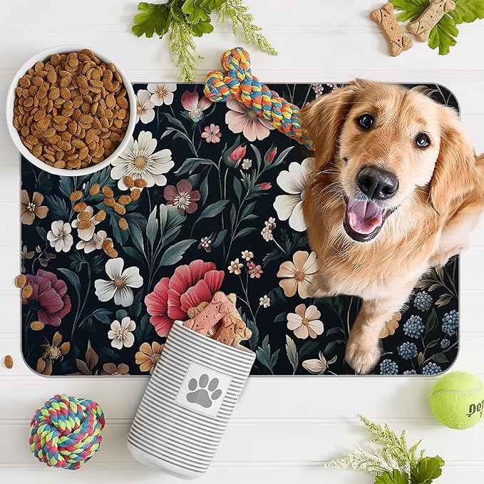 Floral Boho Dog Cat Food Mat,Pink Flower Vintage Absorbent Pet Feeding Mat with Rubber Backing,Non-Slip Water Bowl Placemat,Indoor Pet Accessories Supplies 12"x20"