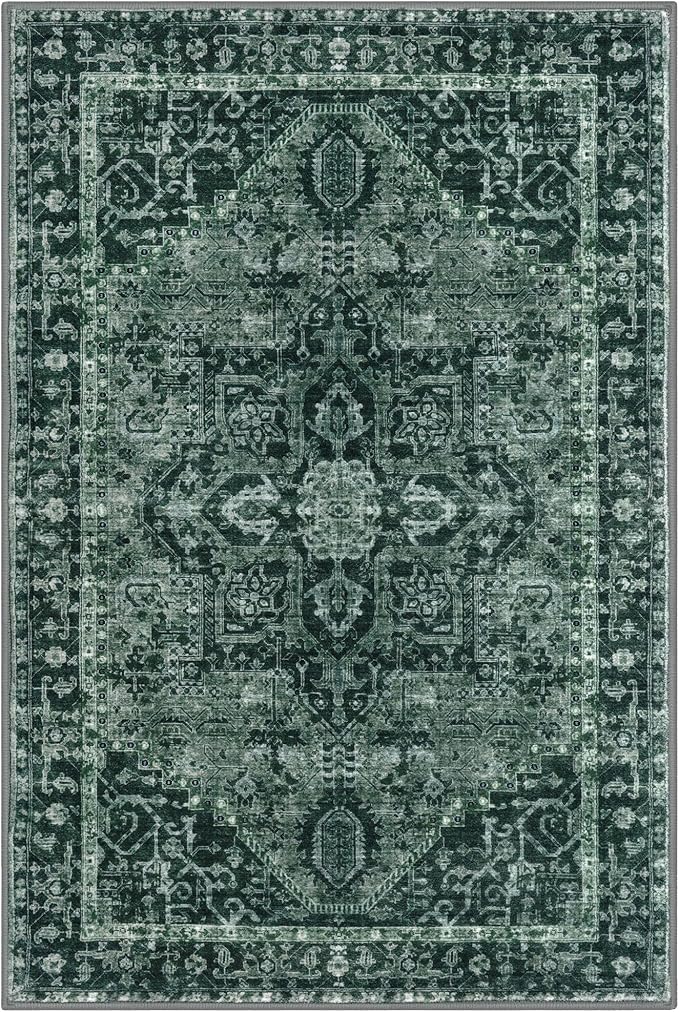 KOZYFLY Area Rug 4x6 Ft Washable Rugs for Entryway Non Slip Faux Wool Printed Throw Rug for Kitchen Bedroom Hallway Living Room Indoor Floor Decoration, Dark Green