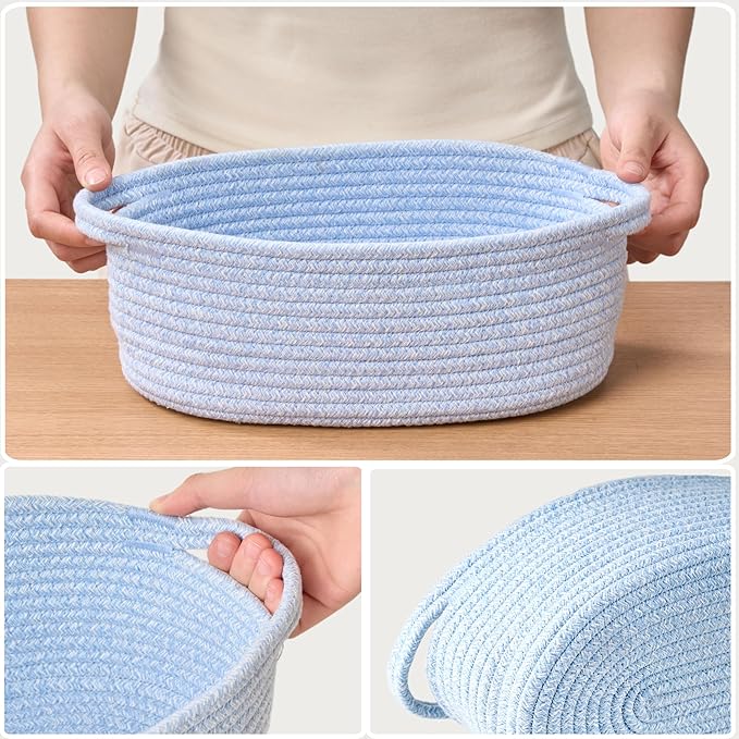 Small Woven Gift Basket Empty with Bag & Ribbon - Gifts for Mom, Baby Shower, Birthdays & Raffle - Cotton Rope Storage Basket for Dog Toys or Shelf - 12"x8"x5", Blue, 2 Packs