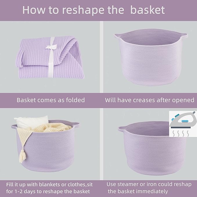 XUANGUO Extra Large Cotton Rope Basket Blankets Basket Living Room 22"x14" Toy Basket for Kids Storage Basket for Nursery Woven Laundry Basket for Clothes Baby Toy Storage round purple or Lavendor
