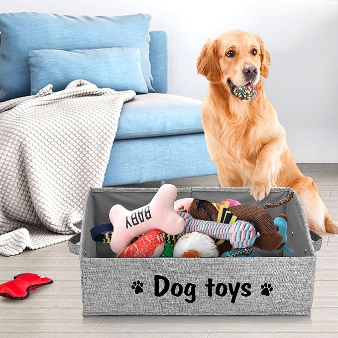 PET ARTIST Sturdy Collapsible Dog Organization and Storage Basket Accessible,Cute Dog Toy Storage with Handles,Dog Toy Box Bin Large for Chew Toys,Clothes,Squeak Toys,Gray