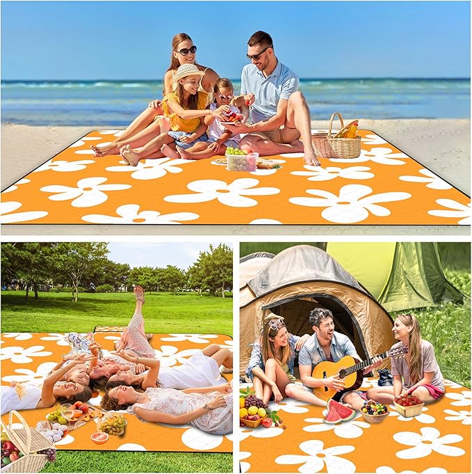Picnic Blankets, 79''x79'' Extra Large Beach Blanket Waterproof Sandproof, 3-Layer Fabric Foldable & Portable Outdoor Beach Mat for Camping, Family Picnics, Travel, Lawn, Park Outings-Limoncello