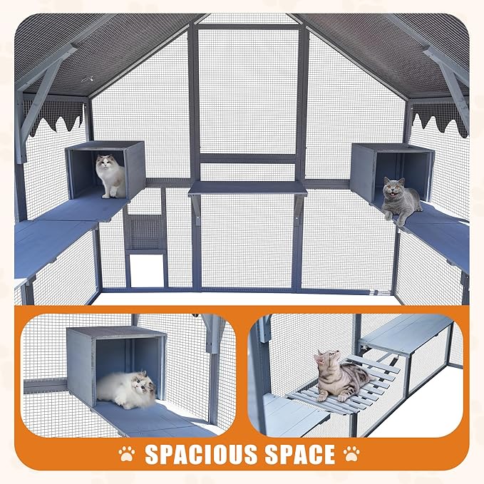 LOVMOR 110" Large Outdoor Wooden Catio, Outdoor Cat House Cat Enclosures, Weatherproof Cover roof, Two Small Sliding Doors, 2 x Bridges, 2 x Sleeping Houses, 7 x Cat Walks