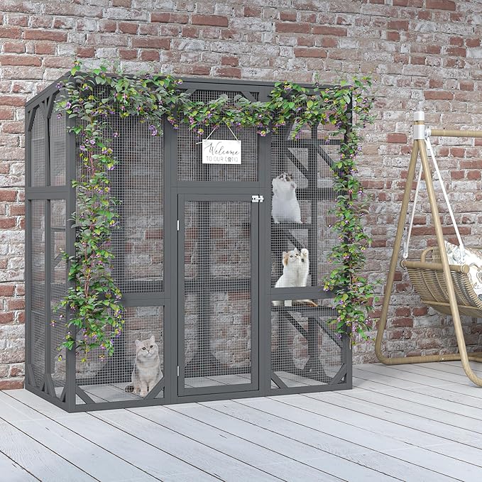 LOVMOR 60" Outdoor Catio with Six Platforms, Outdoor Cat Enclosure with Large Enter Door, Waterproof Roof, Safety Galvanized Steel Wire Mesh, Easy Installation