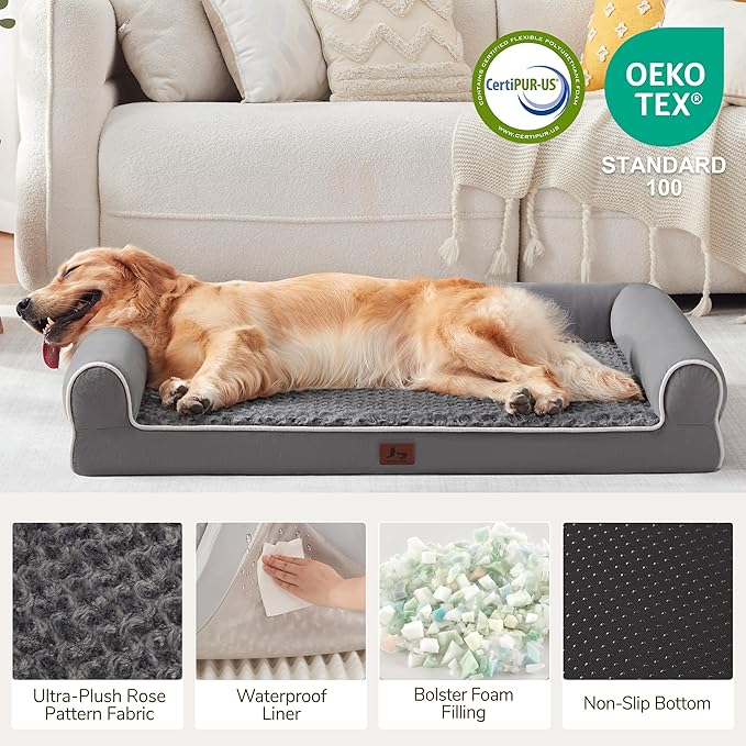 Orthopedic XL Dog Beds, Waterproof Pet Bed for Extra Large Dogs, Non-Slip Bottom and Egg-Crate Foam Large Pet Couch Sofa with Washable Removable Cover, Dark Grey