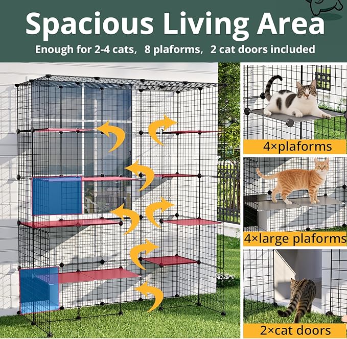 Oneluck Large Outdoor Cat House Catio Enclosure, DIY Cage Kennels Crate Spacious Exercise Place Ideal for 1-6 Cats, 55.1" L x 28.7" W x 69.8" H Balcony Playpen with 16 Platforms Super Large Door