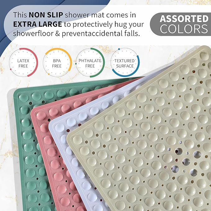 Yimobra Shower Stall Mat Non Slip, 21x21 Inch, Soft Square Bath Mat for Shower with Suction Cups and Drain Holes, Stall Floor Mats for Bathroom, Machine Washable, Bathroom Accessories,Clear Brown