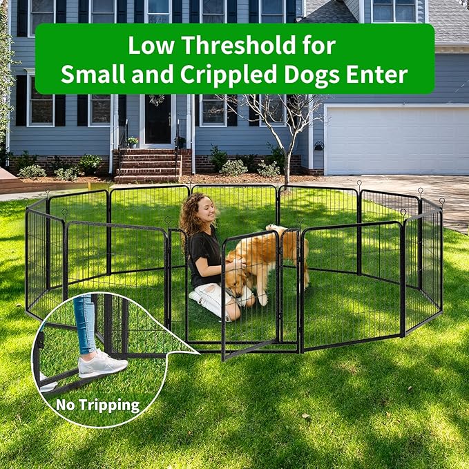 Dog Playpen Outdoor Extra Wide 16 Piece Panels Heavy Duty Dog Fence 32" Height Anti-Rust with Doors Portable for RV Camping Yard, Total 42FT, 140 Sq.ft, Snowy Black