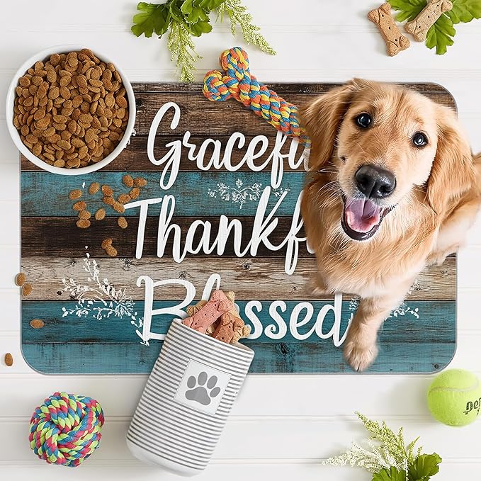Thankful Grateful Blessed Dog Cat Food Mat,Vintage Wooden Absorbent Pet Feeding Mat for Food and Water, Non-Slip Dog Bowl Mats Floor Protector 16"x24"