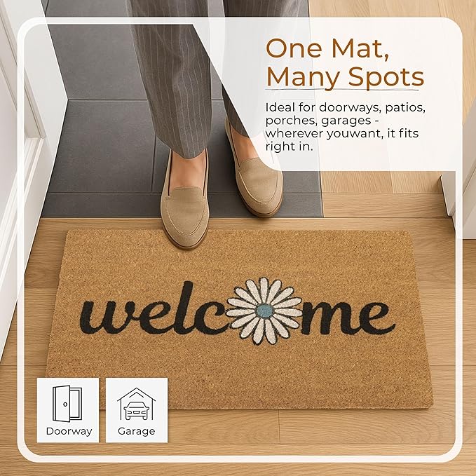 COCONIQ Coir Door Mats 17" X 30", Non-Slip Sturdy, PVC Backed Heavy Duty, Easy to Clean, Ideal for Door Entrance, Patio, Porch, Backyard, Garages, Welcome with Blue Daisy